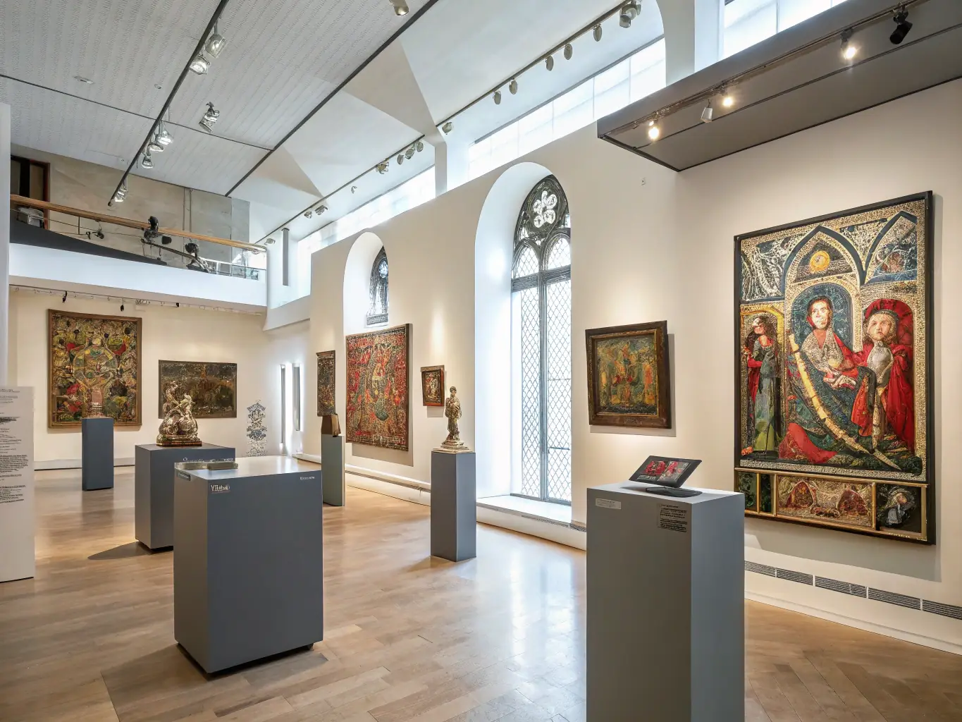 A vibrant image showcasing an exhibition at the Musée de la Correrie, featuring Carthusian art and artifacts, with visitors admiring the displays and engaging with the exhibits.