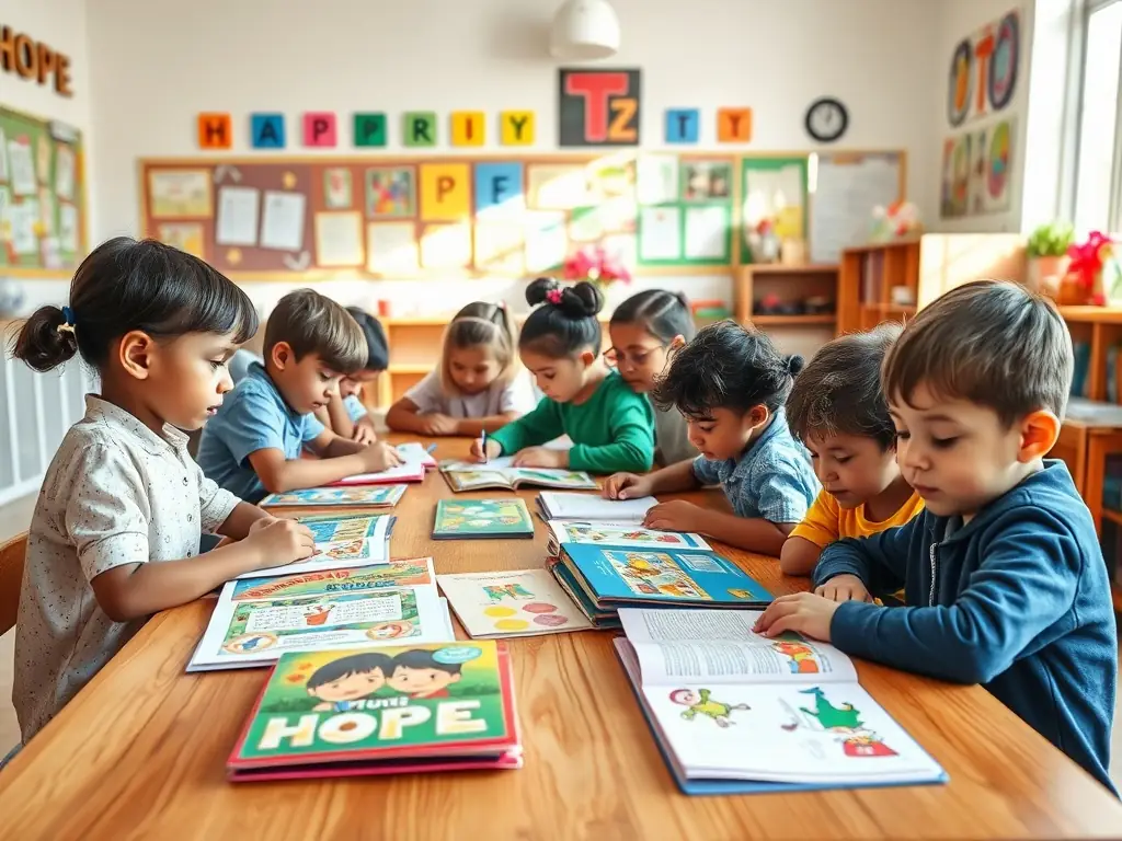 A photograph of children participating in an educational program at the Musée de la Correrie, learning about Carthusian culture through interactive activities and storytelling.