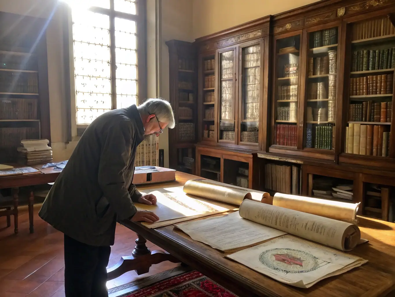 A photograph capturing a group of participants actively involved in a Carthusian history workshop, examining historical documents and artifacts under the guidance of an expert, set in a well-lit, inviting space.