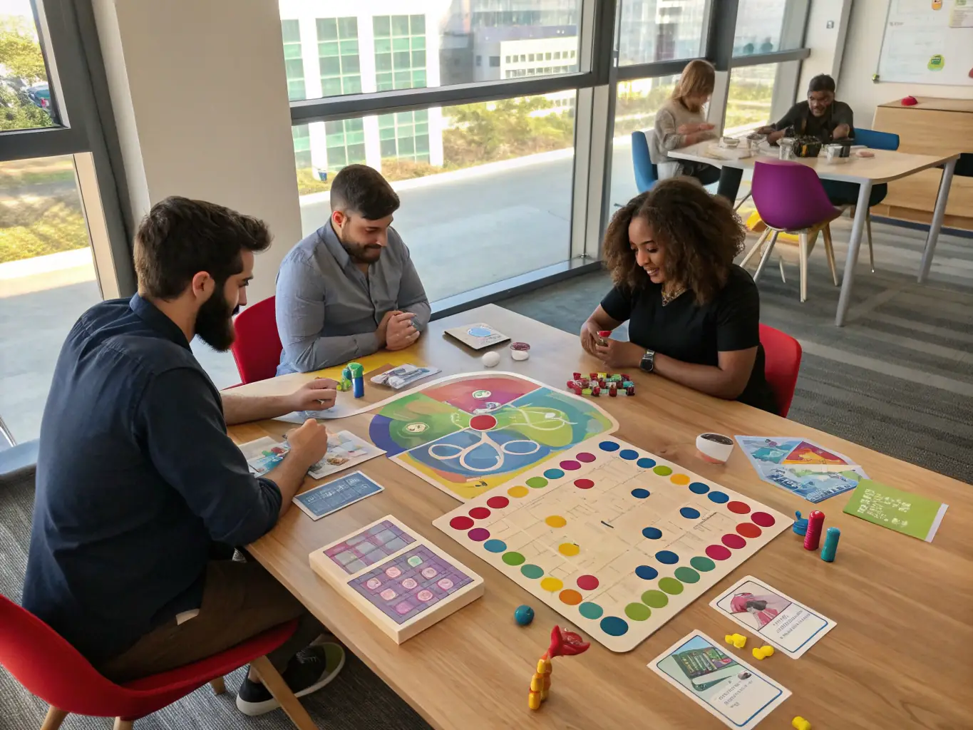 A vibrant image of CLUB CIOTADEN members participating in a friendly numbers game, showcasing teamwork and mental agility in a brightly lit, welcoming space.