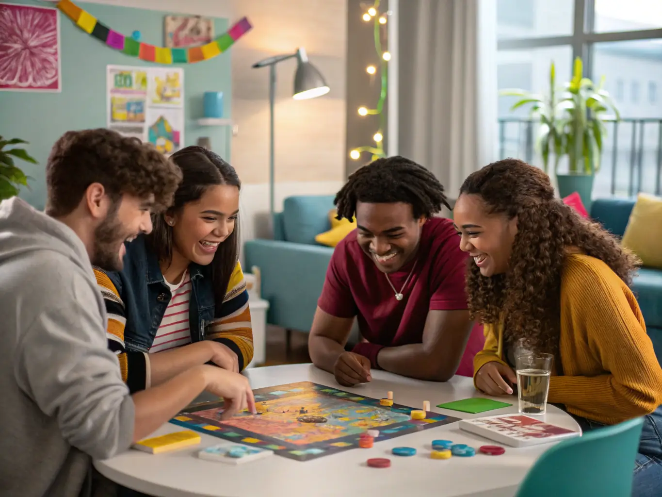 A group of people playing a game of numbers and letters, smiling and interacting with each other.